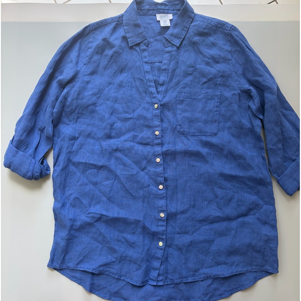 Sigrid Olsen Women's Blue 100% Linen Button Down Shirt Sleeve Size M Retails $90 - Picture 2 of 4